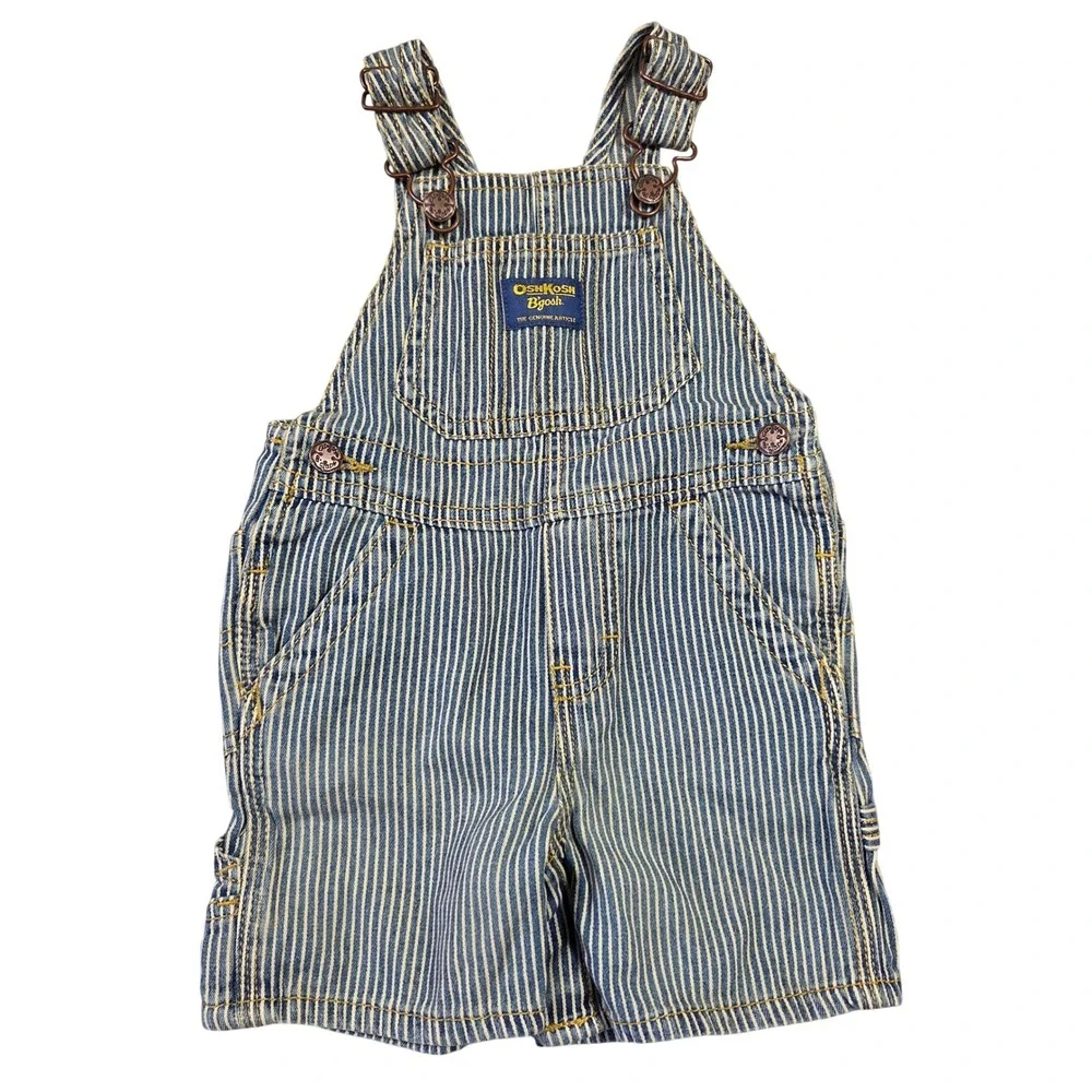 OshKosh Bgosh Kids 12M Hickory Stripe Denim Bib Overalls Shortalls 702-0304 Blue